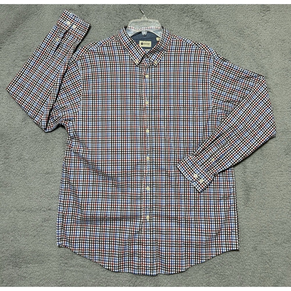HAGGAR Plaid Shirt Mens‎ XL Short Sleeve Button Up Red White & Blue 4th Of July